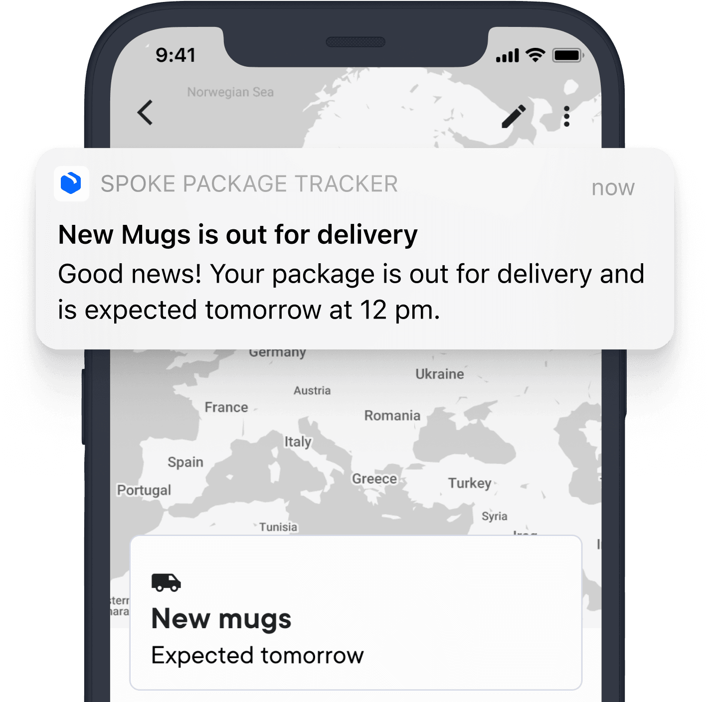 Notification on a smartphone screen from SPOKE PACKAGE TRACKER that says New Mugs is out for delivery with a message stating the package is expected tomorrow at 12 pm. The background shows a map of Europe on a delivery tracking app.