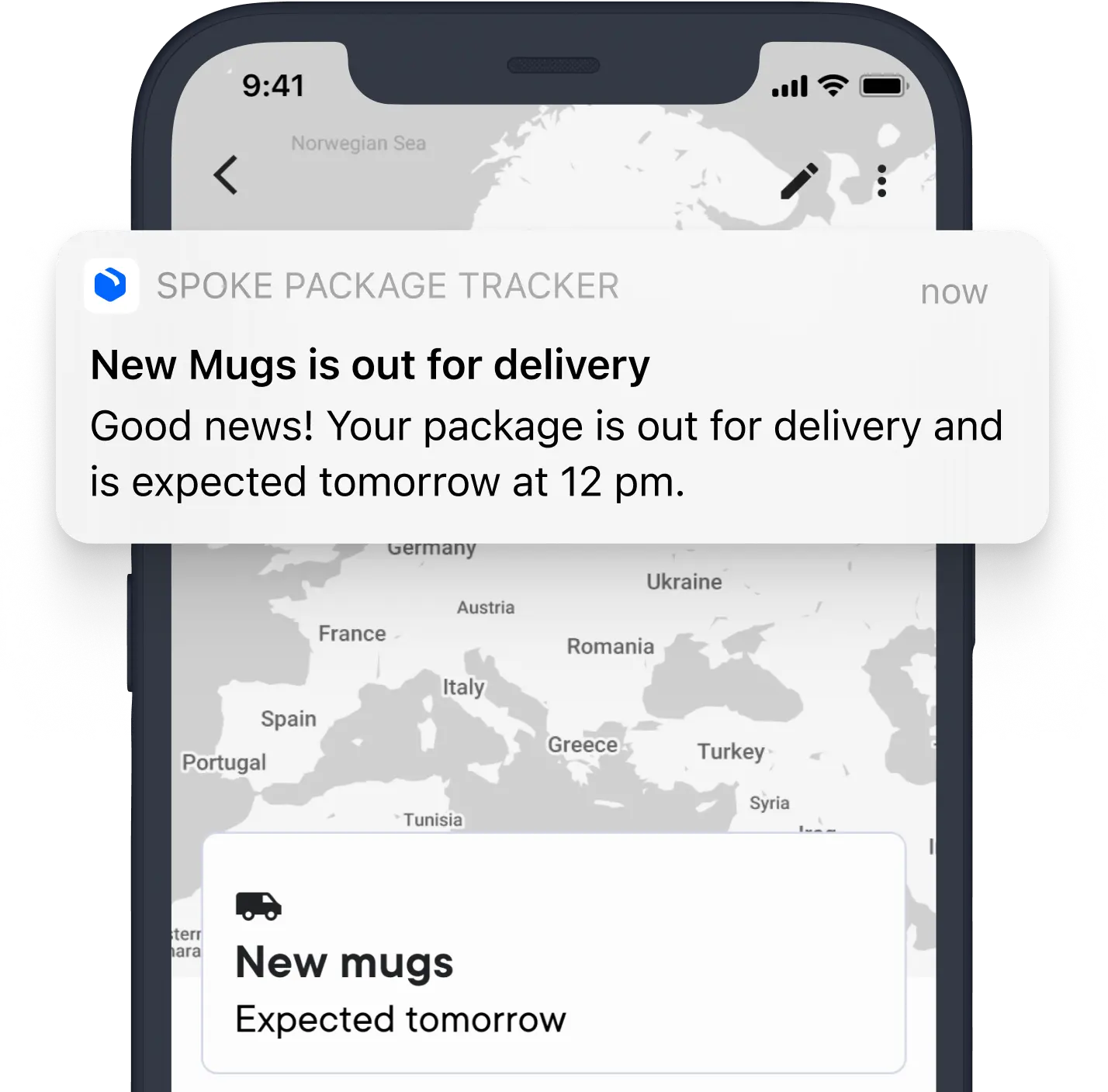 Notification on a smartphone screen from SPOKE PACKAGE TRACKER that says New Mugs is out for delivery with a message stating the package is expected tomorrow at 12 pm. The background shows a map of Europe on a delivery tracking app.